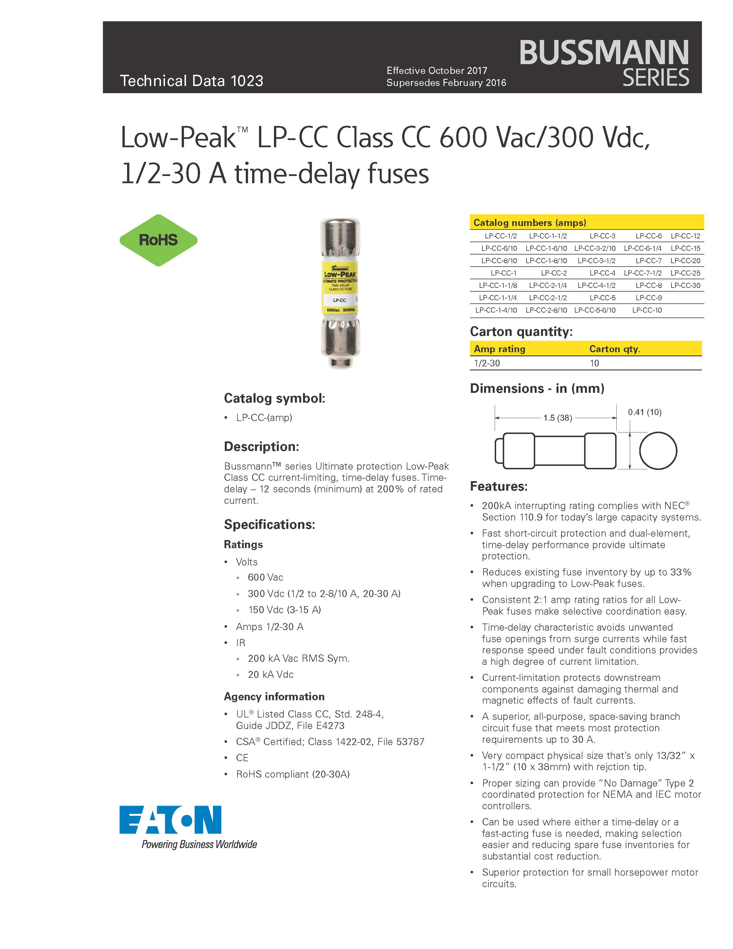 LP-CC系列10*38延時熔斷器參數(shù)