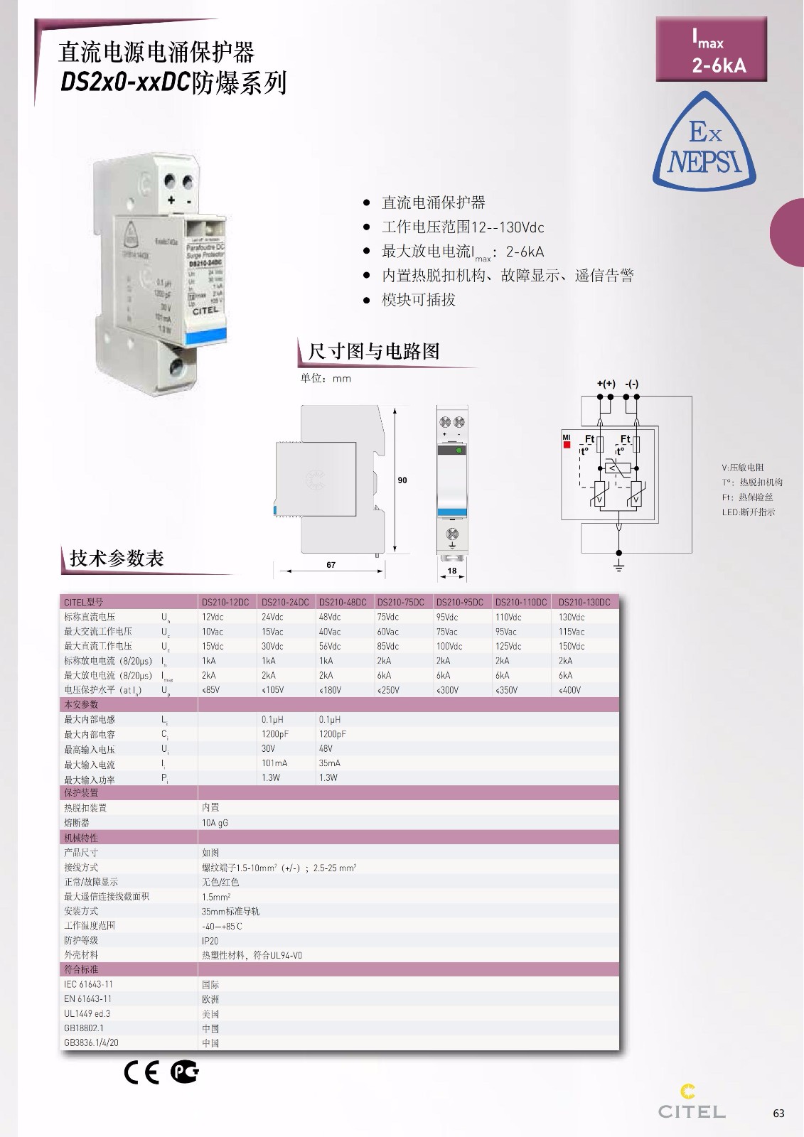直流防雷器DS50PV-1000-30系列技術(shù)參數(shù)、規(guī)格尺寸