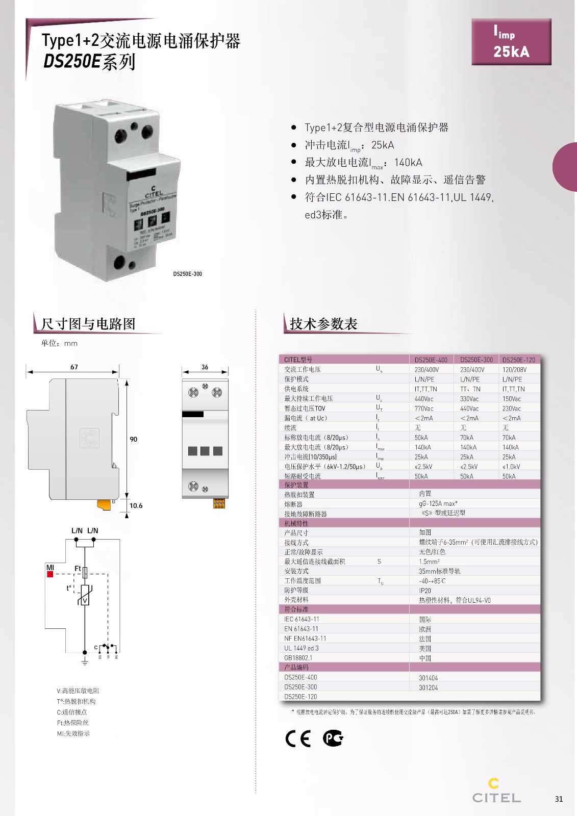 交流防雷器DS250VG-300電源電涌保護器技術參數(shù)