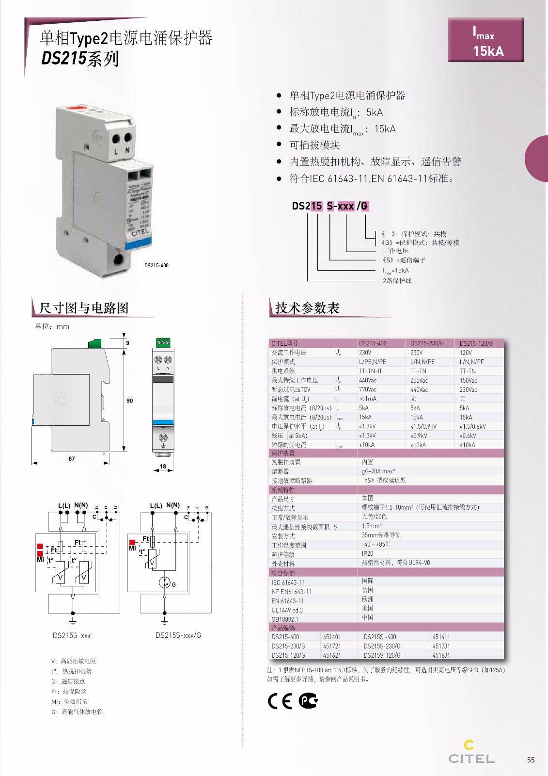 交流防雷器DS215系列電源電涌保護(hù)器技術(shù)參數(shù)